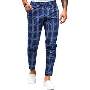🆕 Men Blue Slim Fit Pants Flat Front Stretch Skinny Tapered Casual Trousers